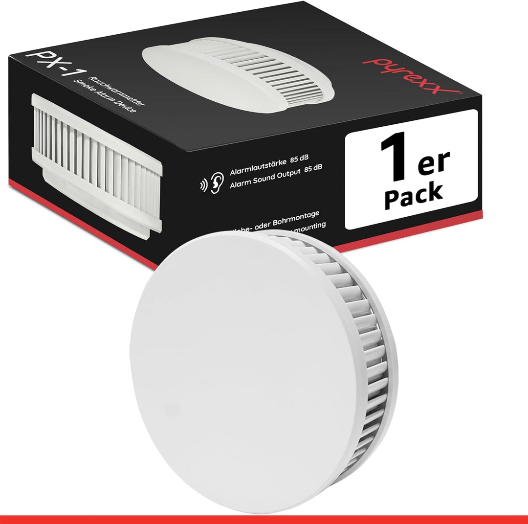 Pyrexx PX-1 • 1 Stück • Rauchmelder 10 Jahre Batterie mit Magnet-Halterung ohne Bohren und LED-Blink