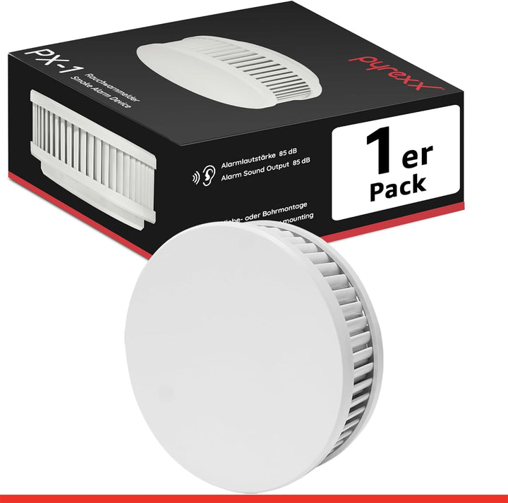 Pyrexx PX-1 • 1 Stück • Rauchmelder 10 Jahre Batterie mit Magnet-Halterung ohne Bohren und LED-Blink