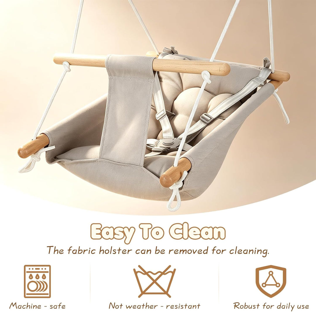 Babyschaukel 3 in 1, Holz-Hängeschaukelsitz mit Sicherheitsgurt und Baumwollkissen, Einstellbar Baby