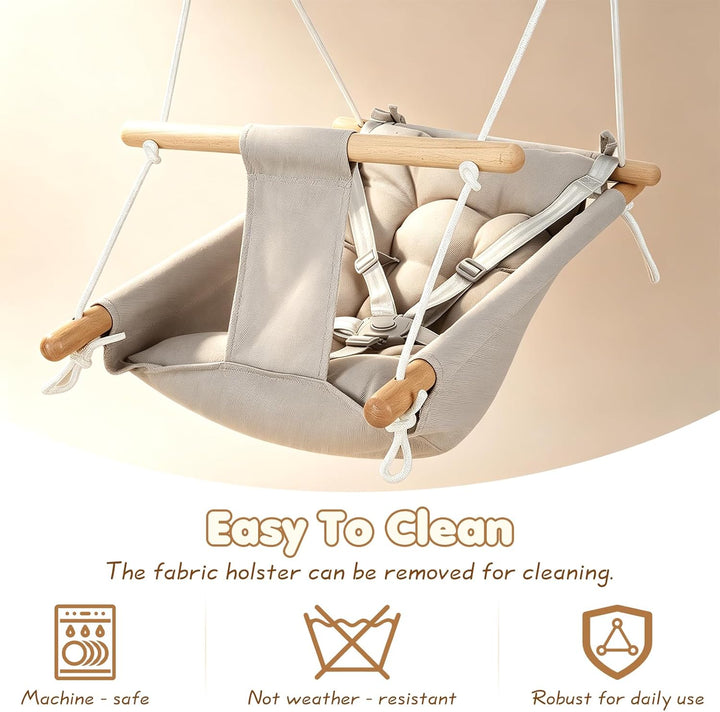 Babyschaukel 3 in 1, Holz-Hängeschaukelsitz mit Sicherheitsgurt und Baumwollkissen, Einstellbar Baby