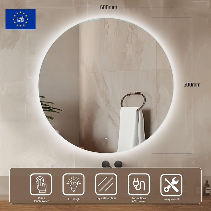 Venti 60cm Badspiegel mit Beleuchtung, Badezimmerspiegel mit Beleuchtung, LED Badspiegel, Spiegel Ru