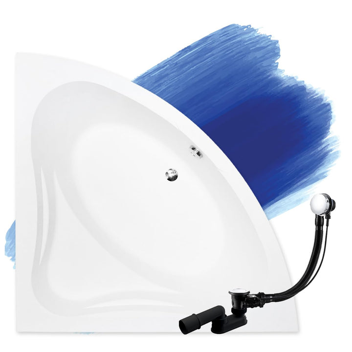 BADLAND Badewanne Original Weiss Acryl Wanne Eckbadewanne MIA 140x140 KOMPLETTSET SET + Füssen und E