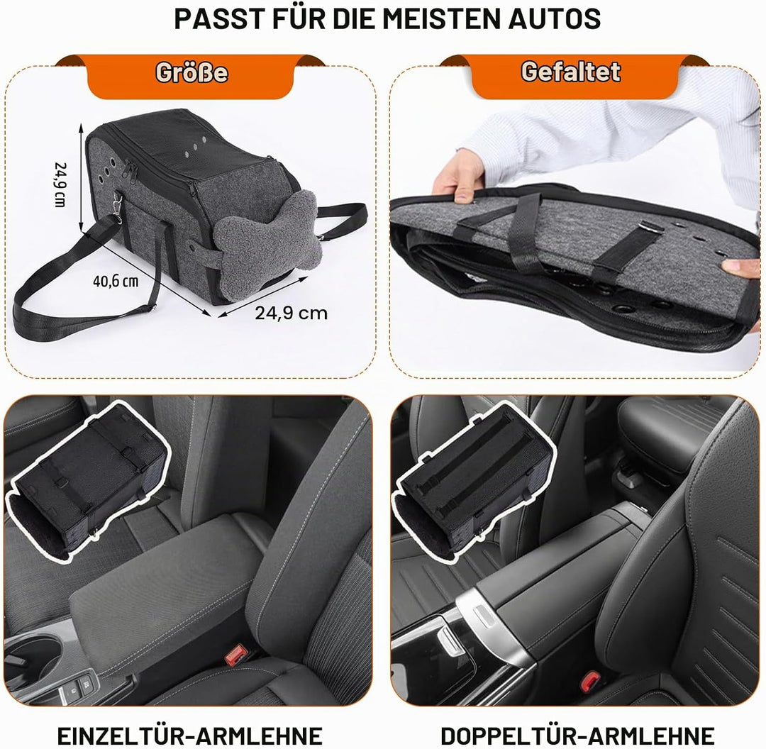 Hunde Autositz für kleine Hunde, Hundeautositz Hundesitz Auto Mittelkonsole mit Sicherheitsgurt, Ver