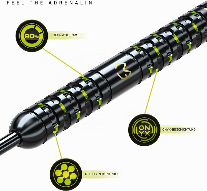 WINMAU Michael Van Gerwen MvG Adrenalin Tungsten Steeltip Darts-Set mit Prismen-Flights und Vecta-Sc