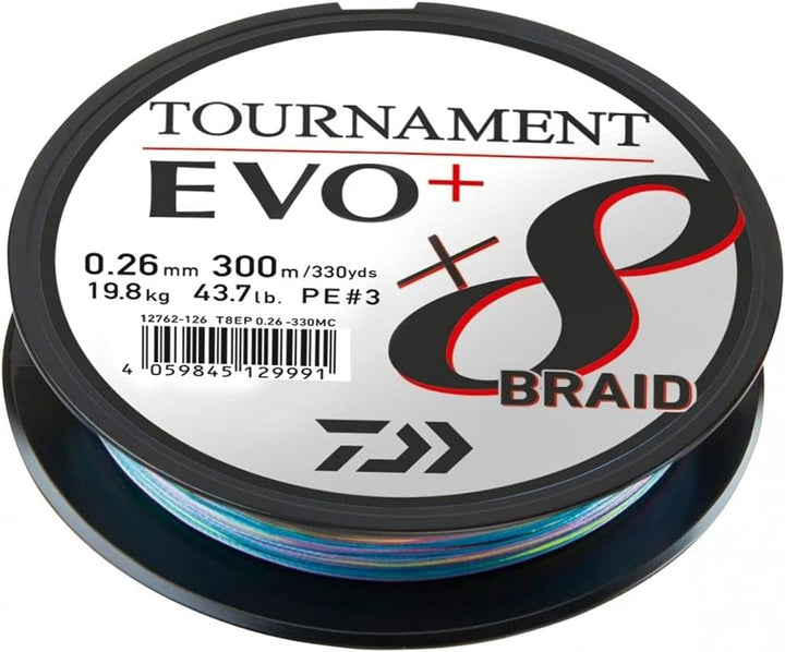 Daiwa Tournament x8 Braid EVO+, 300m, Mehrfarbig, Geflochtene Angelschnur 300m/0.35mm, 300m/0.35mm