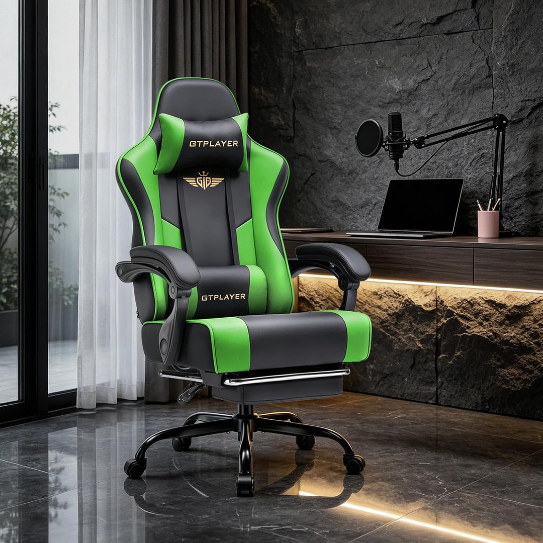 GTPLAYER Gaming Stuhl Chair Gamer Sessel - Ergonomischer Gamer Stuhl mit Fussstütze Kopfstütze und L