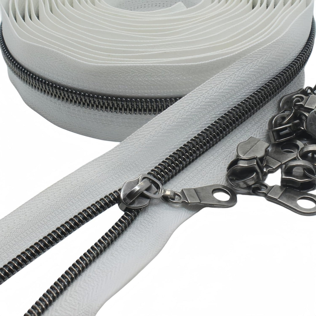 YaHoGa 9 m Altsilber endlos Reissverschluss Meterware weisse Reissverschluss 6mm-Spirale + 25 Nonloc