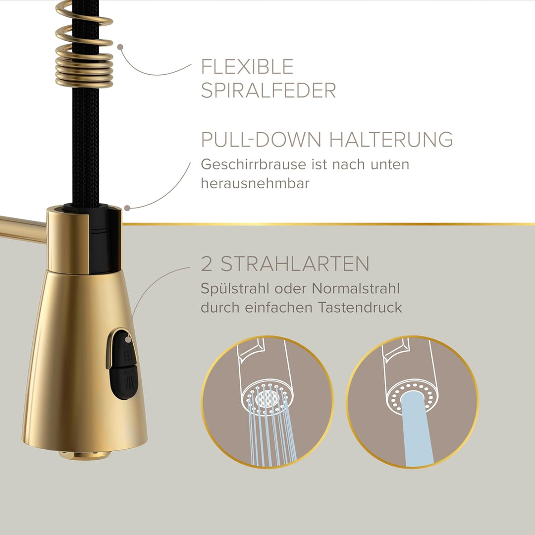 Lenz Küchenarmatur KALANI² in Gold-Optik – Pendelbrause mit 2 Strahlarten & 360° schwenkbarer Bogena