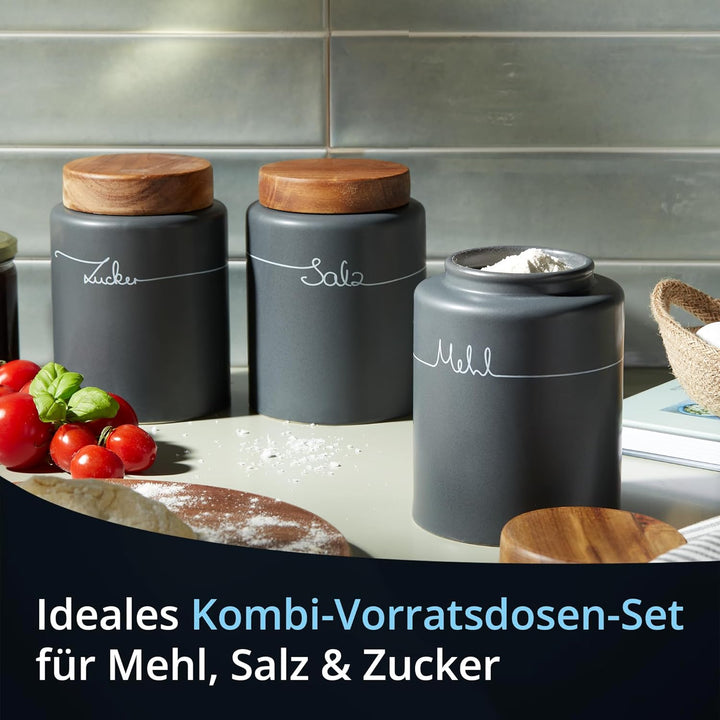 KHG Vorratsdosen Set für die Küche in Anthrazit-Grau mit Holz-Deckel, Vorratsdosen Keramik aus polie
