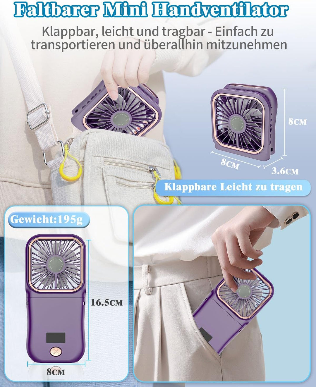 DDKJ Handventilator, Tragbarer Mini Ventilator Hand, 3 Geschwindigkeiten Portable Fan Klein (180°sch