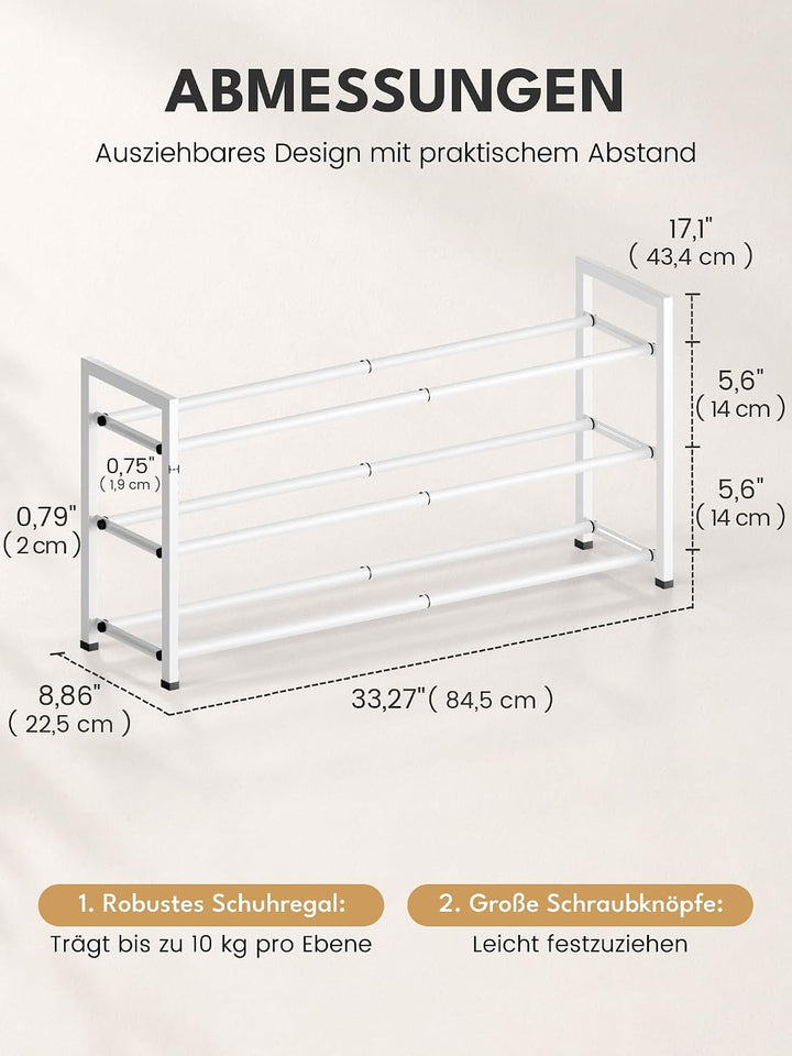 Bumusty Schuhregal 3 Etagen Ausziehbar, 45 bis 83 cm Verstellbar Metall Schuhablage, für kleine Räum