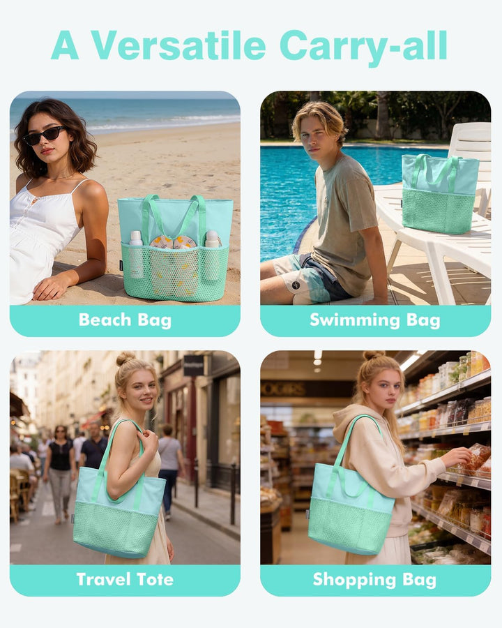 KABAQOO Strandtasche Damen mit Reissverschluss Badetasche Klein mit Fächern Faltbar Shopper Tasche S