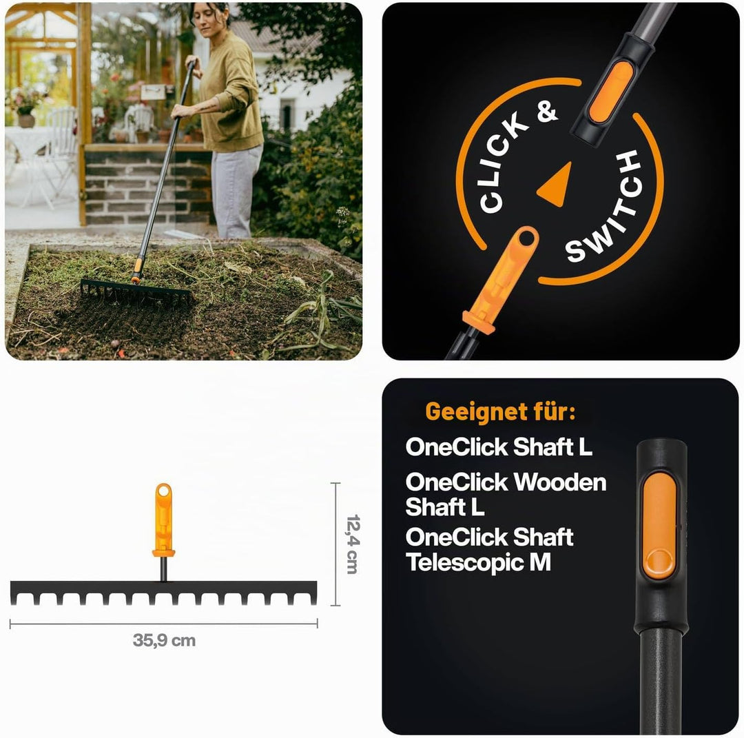 Fiskars OneClick Rechen 14 Zinken, Bodenrechen-Aufsatz für Saatbeete, Müheloses Wechseln mit nur ein