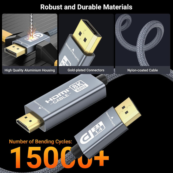 Aktiver DisplayPort 2.1 auf HDMI 2.1 Kabel 8K60Hz 4K144Hz VRR G-SYNC HDR 1m, 1m