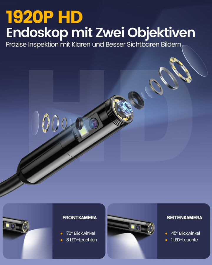 Endoskopkamera mit Licht, 1920P HD Doppellinse Inspektionskamera Handy mit 8 LED, Kein WLAN Endoskop