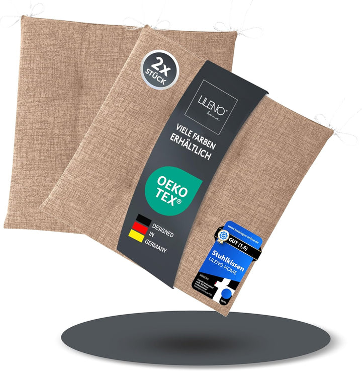 LILENO HOME 2er Set Stuhlkissen Hellbraun (40x40x4,5 cm) - Sitzkissen für Gartenstuhl, Küche oder Es