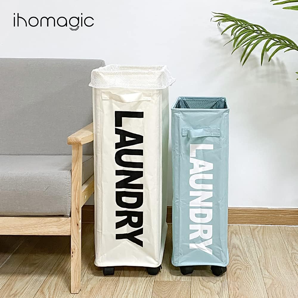 IHOMAGIC 62L Schmale Wäschesack mit Rollen - Hoher Wäschekorb mit Abnehmbaren Wäschesäcken, Grossen