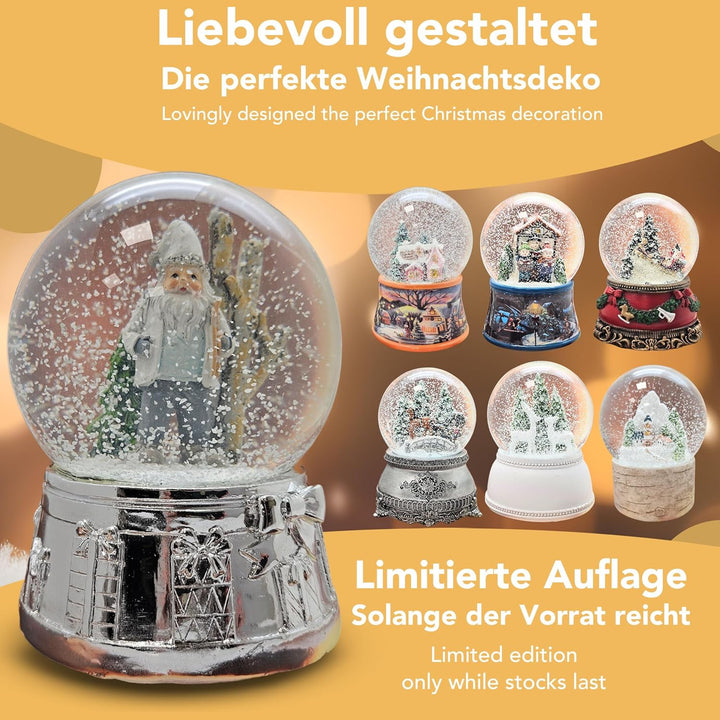Schneekugel Weihnachten Spieluhr | Wichtel grau weiss im Winterwald | Sockel Silber | Höhe: 140mm, B