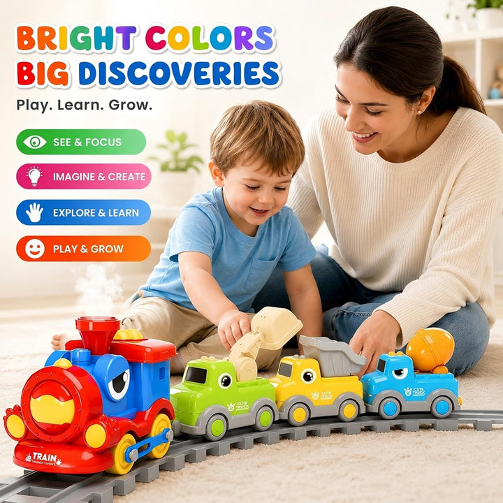 Magnetisches Eisenbahnspielzeug mit elektrischer Lok, Baufahrzeugen, Licht, Musik und kreativen DIY-