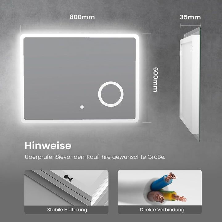 Heilmetz Led Badspiegel 80 x 60 cm Kaltweiss Badezimmerspiegel mit Touch + Bluetooth + Uhr + Beschla