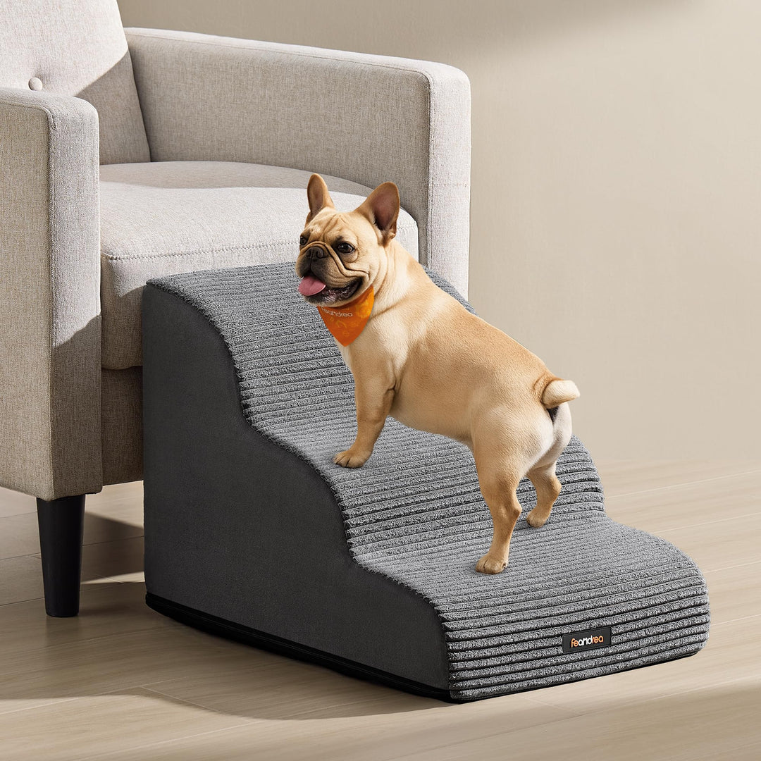 Feandrea Hundetreppe, 3 Stufen, Cord mit Querstreifen, Haustiertreppe, für Bett, Sofa, wasserdicht,