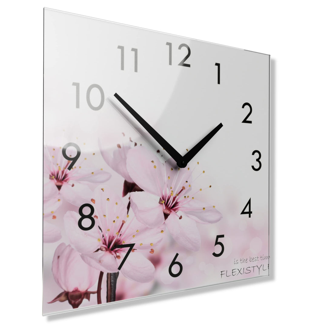 FLEXISTYLE Wanduhr küche Wohnzimmer 30 x 30 cm, aus Glas, mit Direktdruck eckig modern (BLÜHENDE Blu