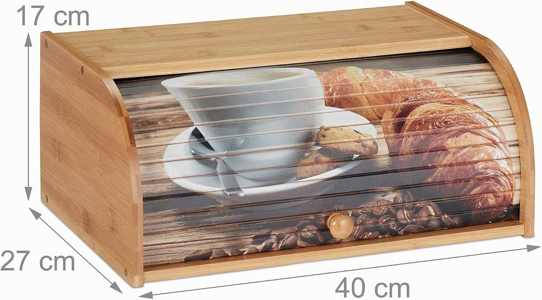 Relaxdays Brotkasten Bambus, Rolldeckel mit Motiv, aromadichte Brotaufbewahrung, mit Ablagefläche, H