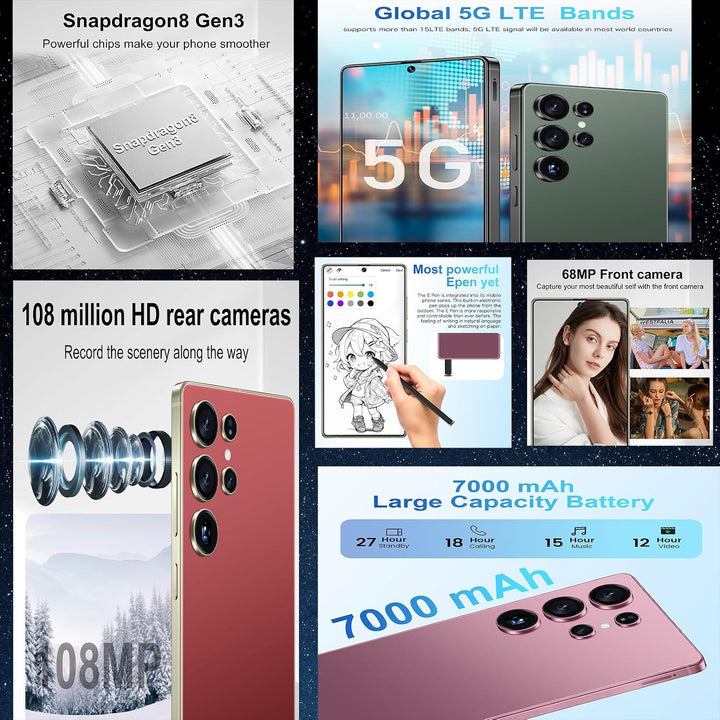 J24 Ultra 4G Smartphone entsperrt | 7,3 Zoll Display, Dual-SIM, 8GB RAM + 256GB ROM, Metallrahmen, A