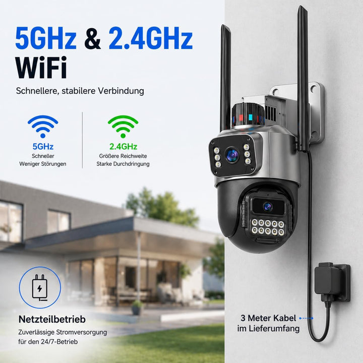 5G Kamera Überwachung Aussen,6MP Dual Objektiv Überwachungskamera Aussen, IP66 AussenSicherheitskame