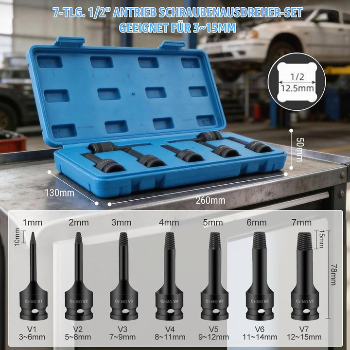 7 Stück Schraubenausdreher Set Profi, 12,5 Mm 1/2 Zoll Vierkantkopf Beschädigter Schraubenauszieher