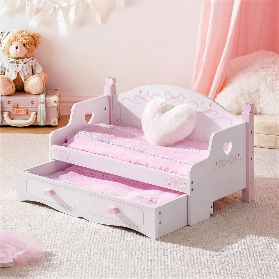 ROBUD Puppenbett & Sofa-Set für 45 cm grosse Puppen, 2-in-1 Puppen-Etagenbett Holz mit Matratze, Dec