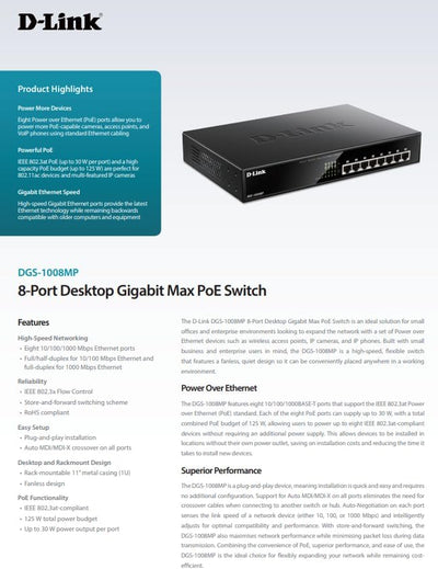 D-Link DGS-1008MP 8-Port Desktop Gigabit Switch (8 x 10/100/1000 BASE-T Ports, unterstützt PoE+) 8-P