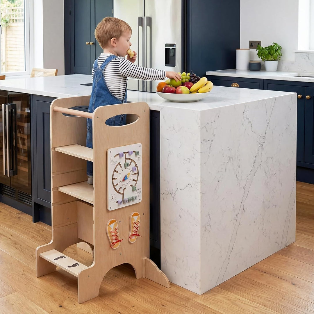 COSTWAY 4 in 1 Lernturm mit Spieltablett, Tritthocker Montessori mit 3 verstellbaren Höhen &amp; Abnehmb