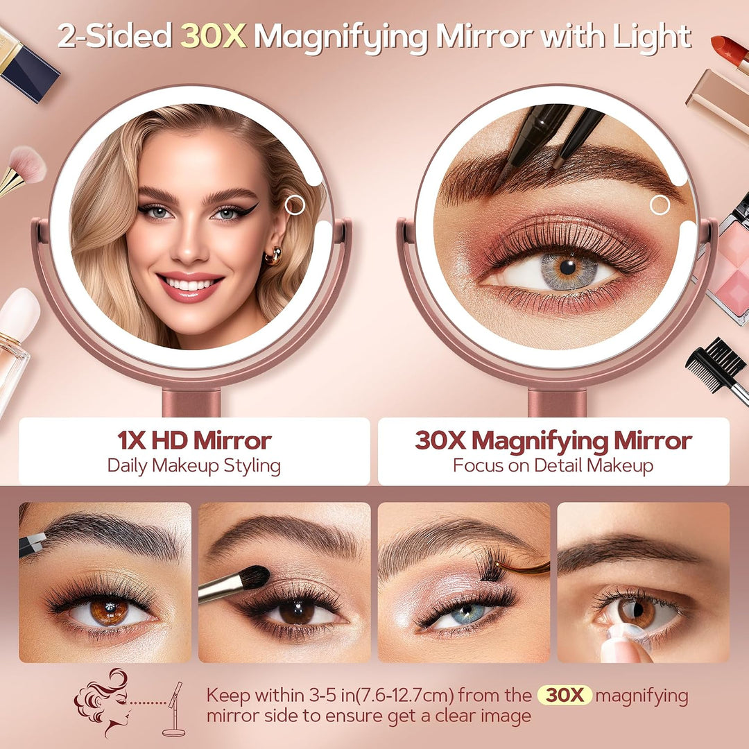 B Beauty Planet Beleuchteter Makeup Spiegel 30X Vergrösserungsspiegel mit 3 Farblicht, dimmbare LED