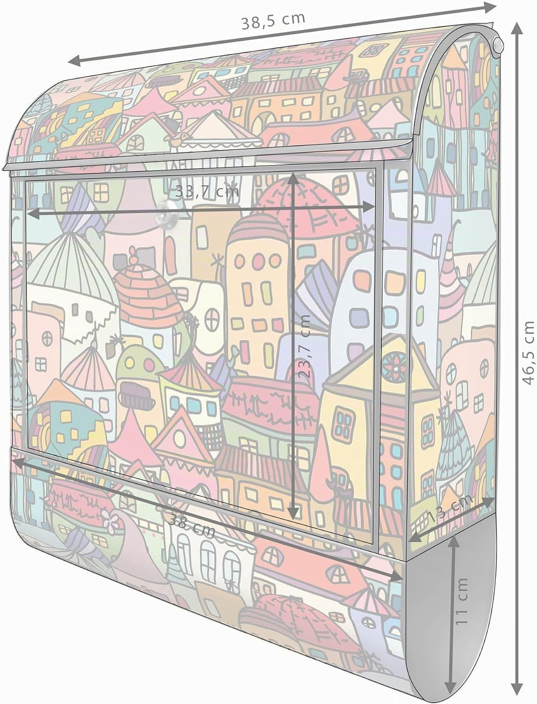 banjado® Design Briefkasten mit Motiv Funky Town 39x47x14cm &amp; 2 Schlüssel - Briefkasten Stahl schwar