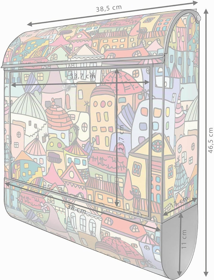 banjado® Design Briefkasten mit Motiv Funky Town 39x47x14cm &amp; 2 Schlüssel - Briefkasten Stahl schwar
