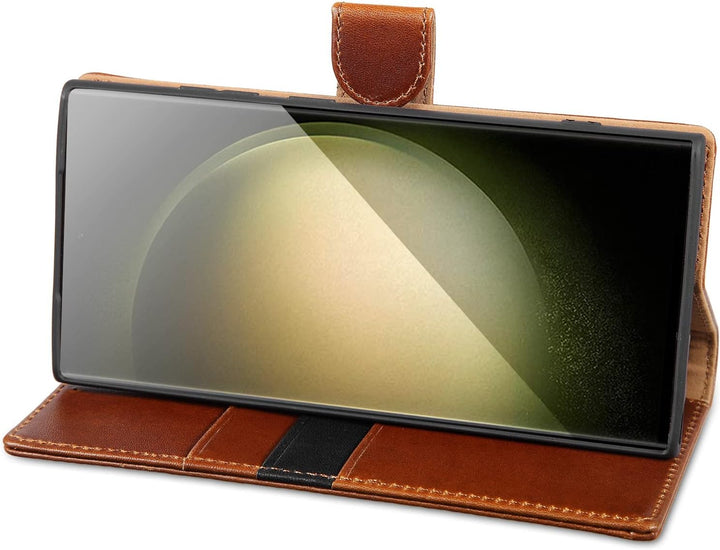 LENSUN Lederhülle für Samsung Galaxy S23 Ultra, Echtleder Handyhülle [Echtes Leder] [Magnetverschlus