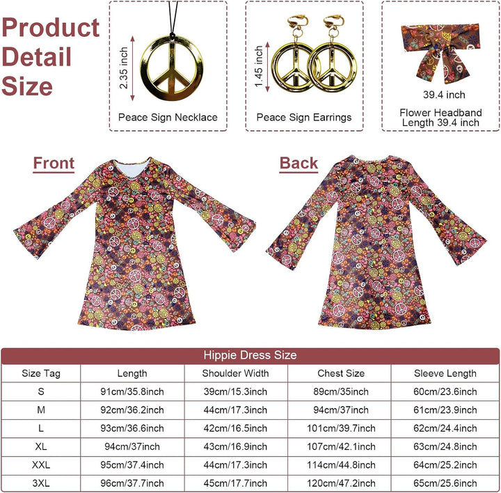 MRYUWB Damen-Hippie-Kleid, 1970er-Kostüm, mit Halskette, Ohrringen, Sonnenbrille, Disco-Outfit, 1960