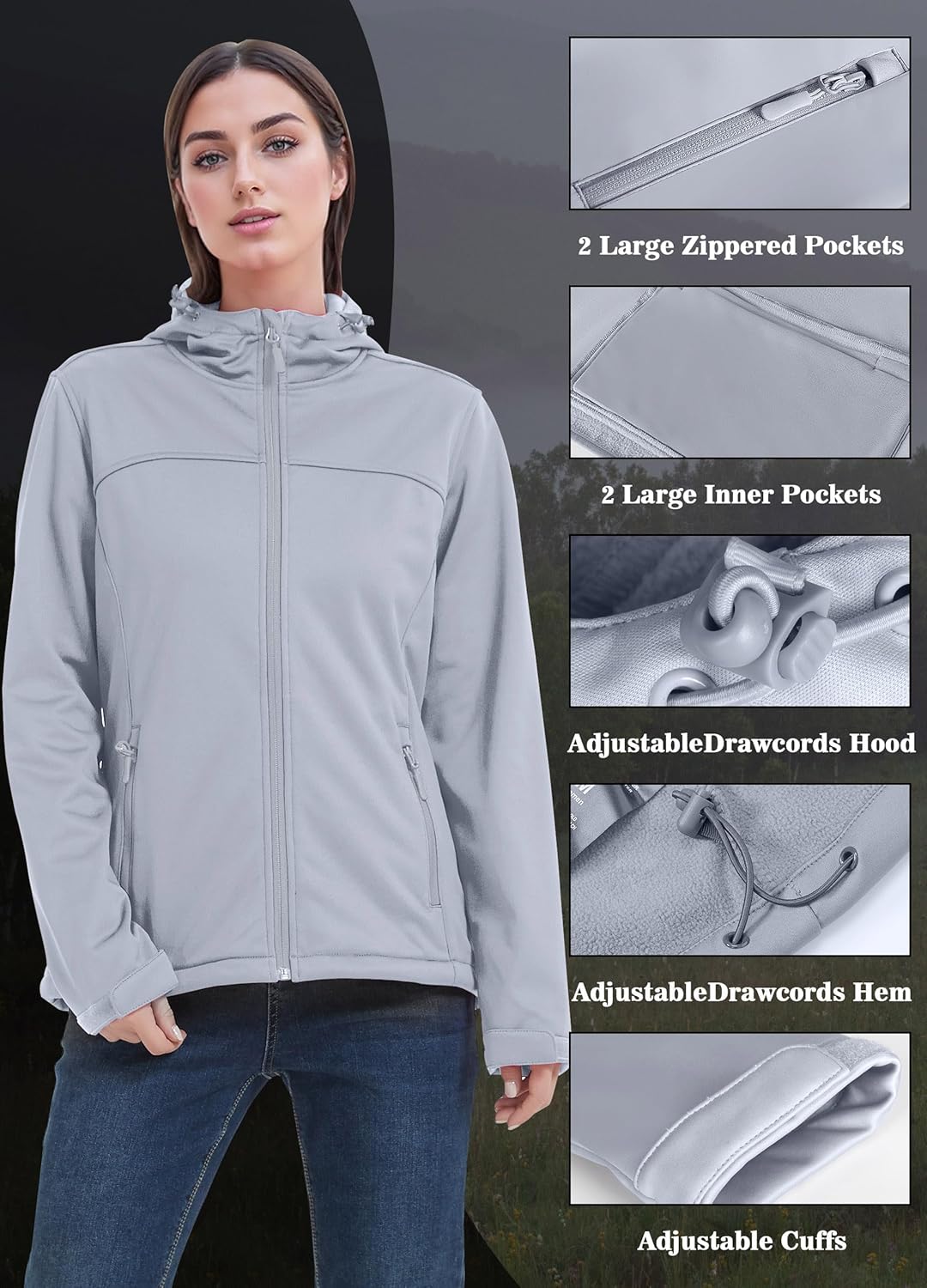 ATLASLAVA Damen Softshelljacke Leichte mit Fleece-Futter Kapuze Windjacke Laufen Wandern S SILVER, S