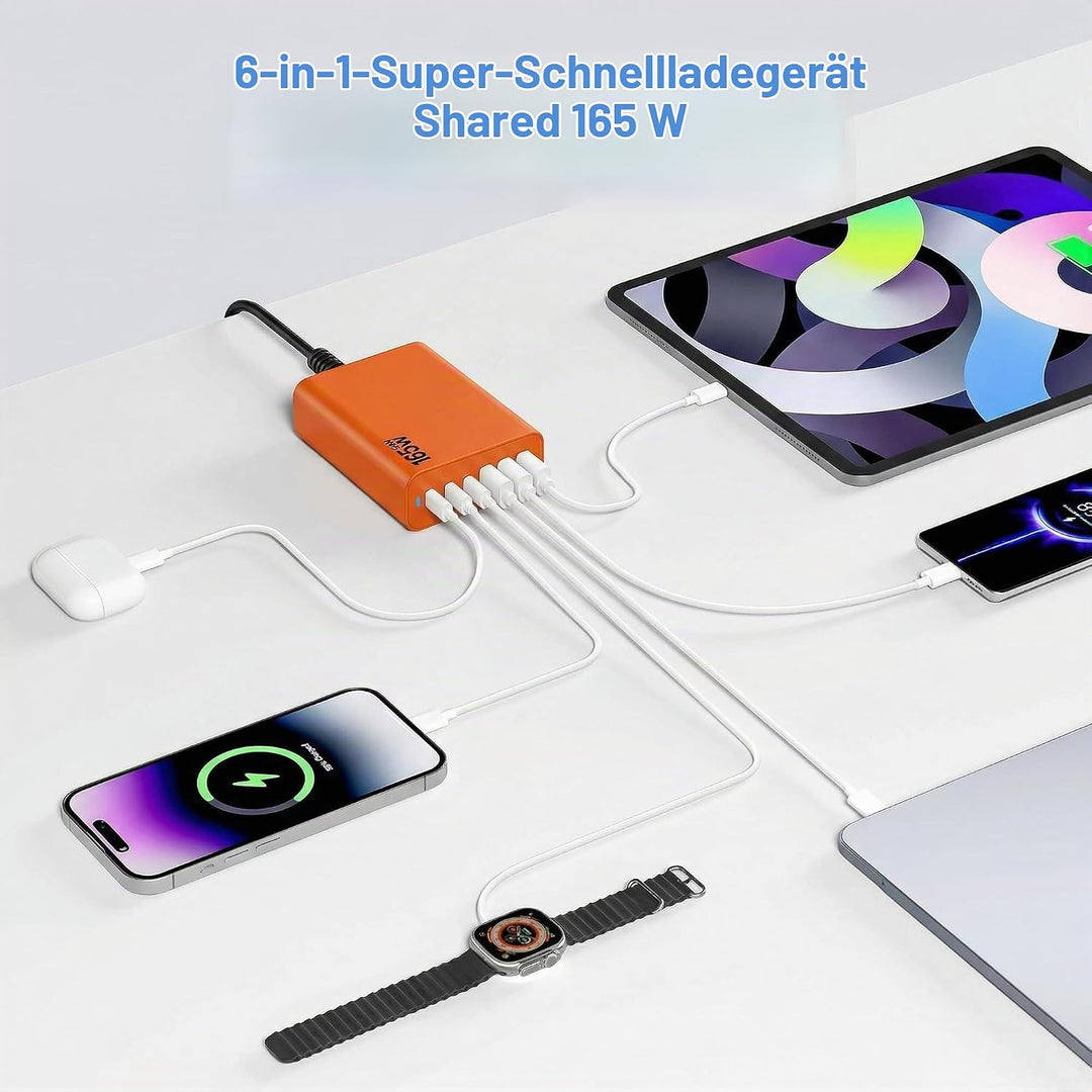 6 Ports Ladestation Schnellladegerät, 165W USB C Schnelllade Netzteil, PD Power GaN Ladegerät kompat