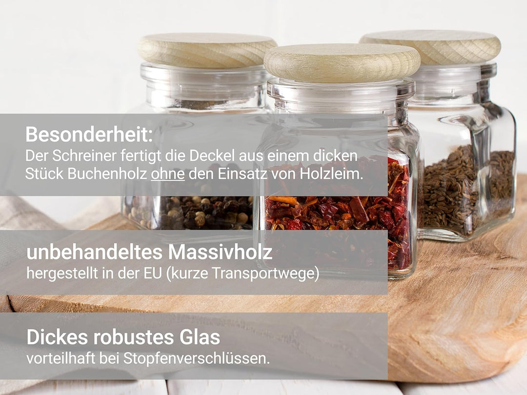 Giessle® 30x kleine 7,5cm hohe Gewürzgläser mit Deckel aus Holz Gewürzgläschen Set Gewürzdosen klein