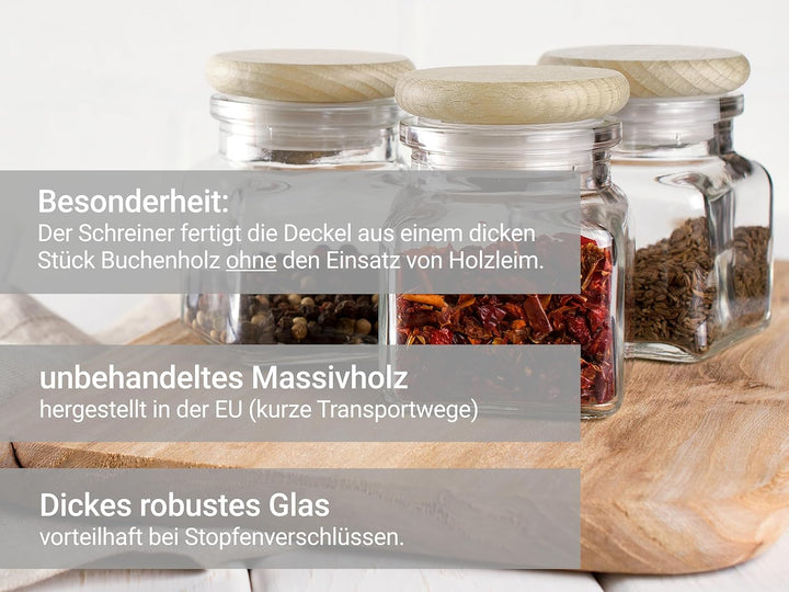 Giessle® 30x kleine 7,5cm hohe Gewürzgläser mit Deckel aus Holz Gewürzgläschen Set Gewürzdosen klein
