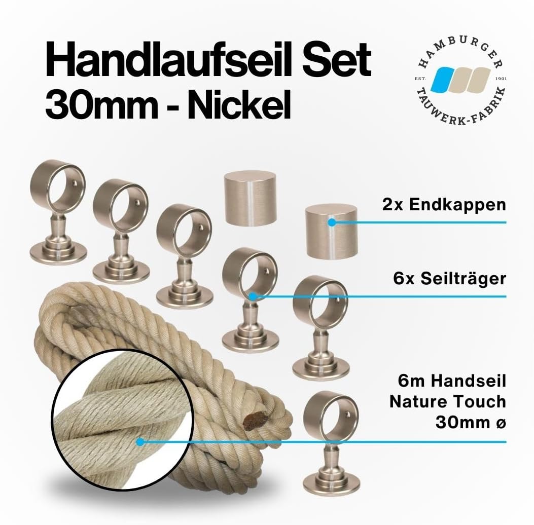 Handlaufseil Set 30mm - bestehend aus 2 Endkappen 6 Seilträger vernickelt und 6m "Nature Touch" Hand