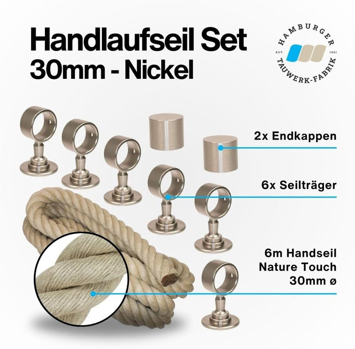 Handlaufseil Set 30mm - bestehend aus 2 Endkappen 6 Seilträger vernickelt und 6m "Nature Touch" Hand