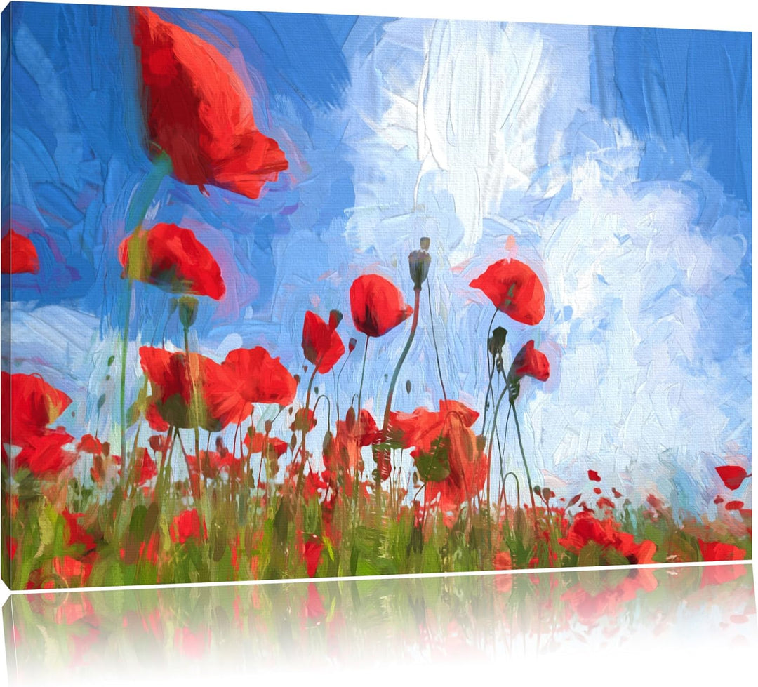 Pixxprint Mohnblumenfeld als Leinwandbild/Grösse: 100x70 cm/Wandbild/Kunstdruck/fertig bespannt, 100