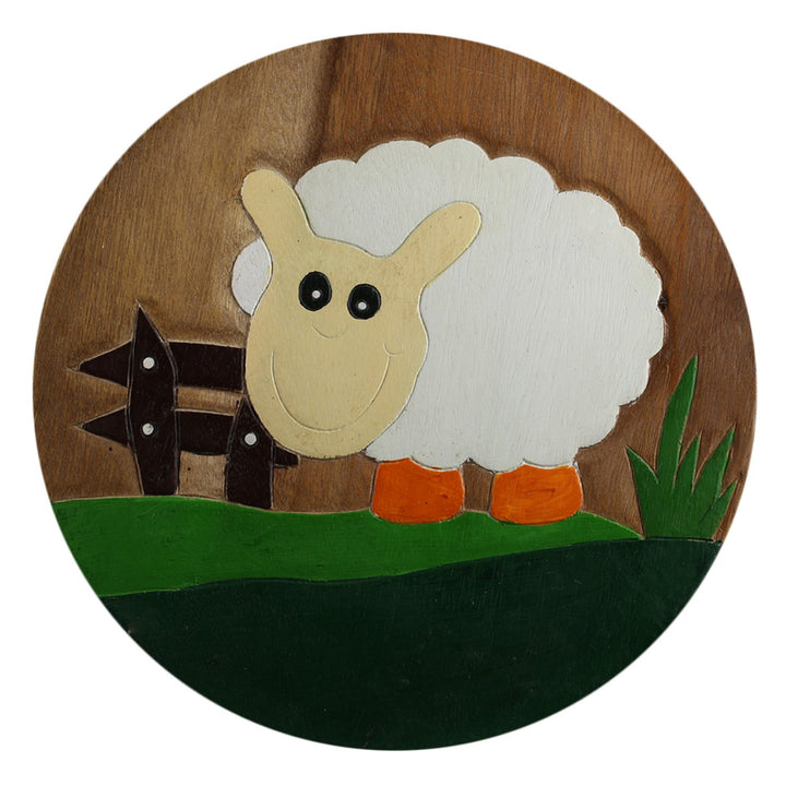 ART-CRAFT KH061 Kinderhocker Holz Schemel mit Motiv Schaf bemalt und beschnitzt extra grosse Sitzflä
