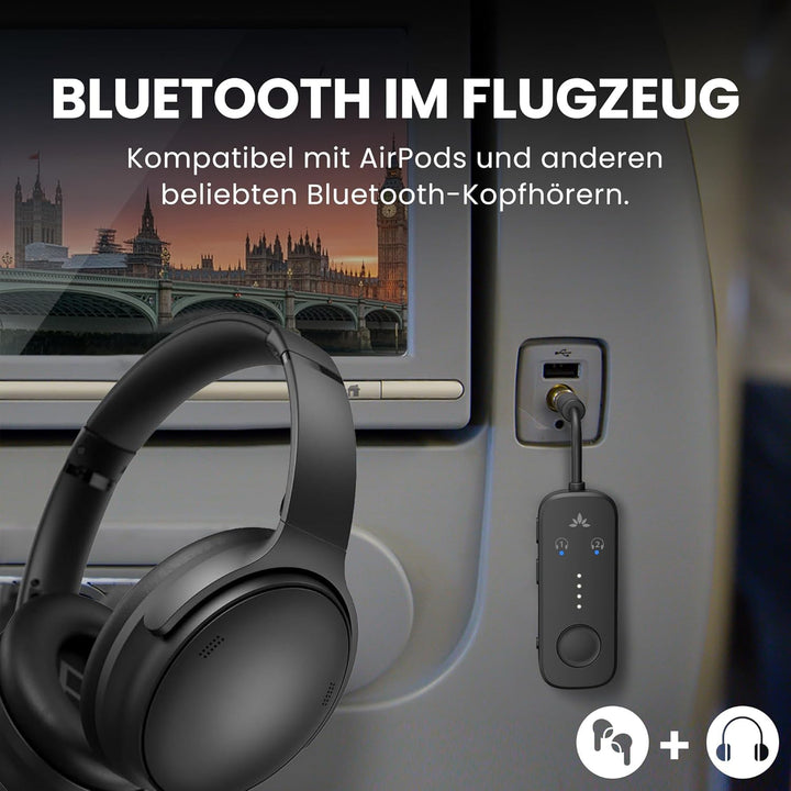 Avantree Relay - Premium Flugzeug Bluetooth 5.3 Adapter für alle Kopfhörer, apt-X geringe Latenz, un