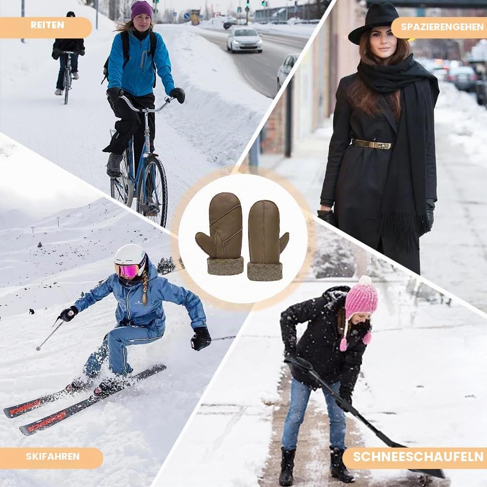 MGGMOKAY Damen Lammfell Shearling Fäustlinge Warme Winter Lederhandschuhe XL Hellbraun, XL Hellbraun