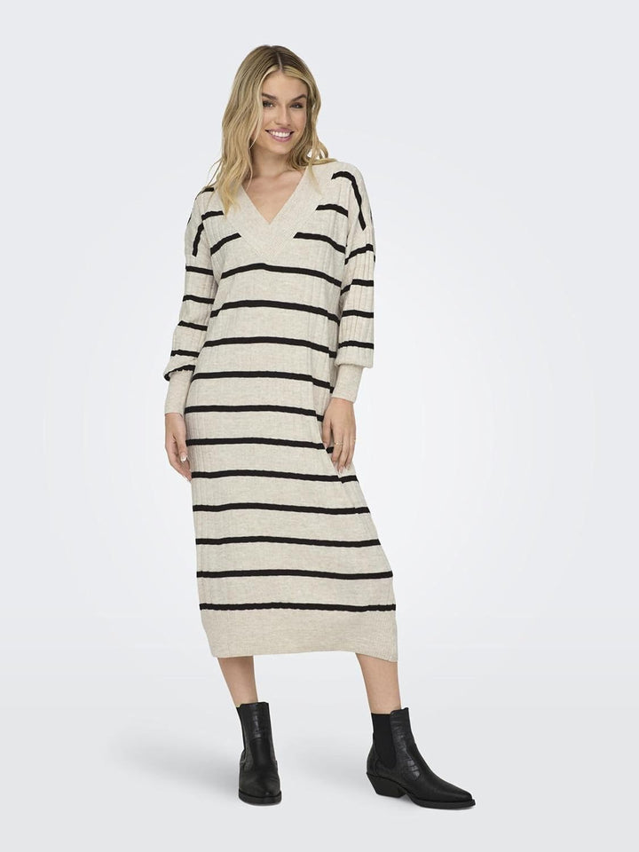 ONLY Female Strickkleid Onlnew Langes Kleid XXL Pumice Stone/Stripes:black, XXL Pumice Stone/Stripes
