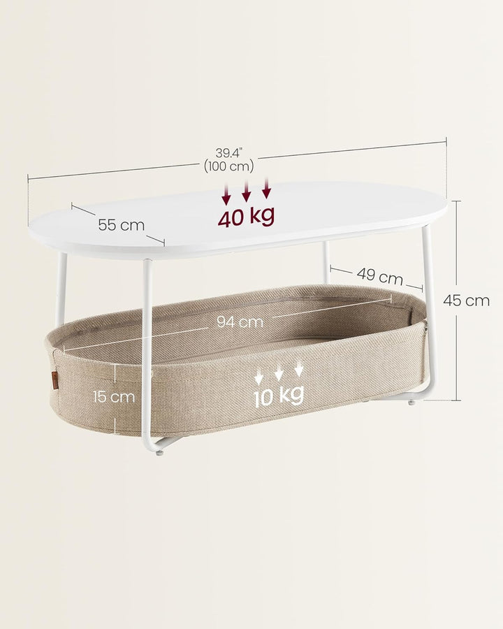 VASAGLE Couchtisch oval, Tisch mit Stauraum, Beistelltisch, Wohnzimmertisch mit Korb aus Stoff, mode